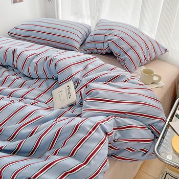 Ensemble de literie quatre pièces en coton lavé, housse simple à rayures rouges et bleues, drap de lit pour le lit 1