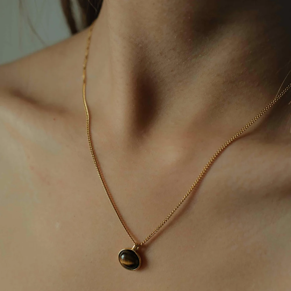 Fashion Oval Natural Tiger-eye Pendant Waterdrop Abalone Shell Neckalce Waterproof Stainless Steel Zircon Crystal Choker Girts