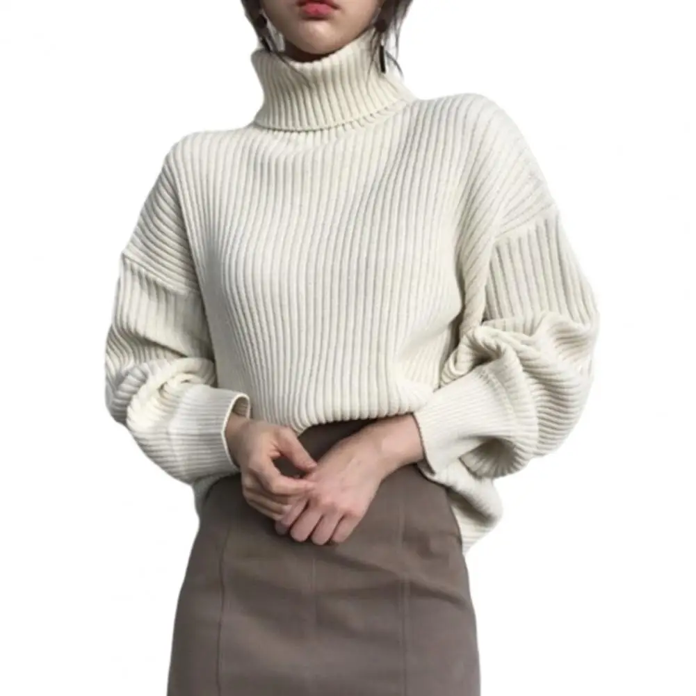 

Fall Winter Sweater Women High Collar Neck Protection Thin Striped Texture Baggy Knitted Elastic Pullover Lady Sweater 2023