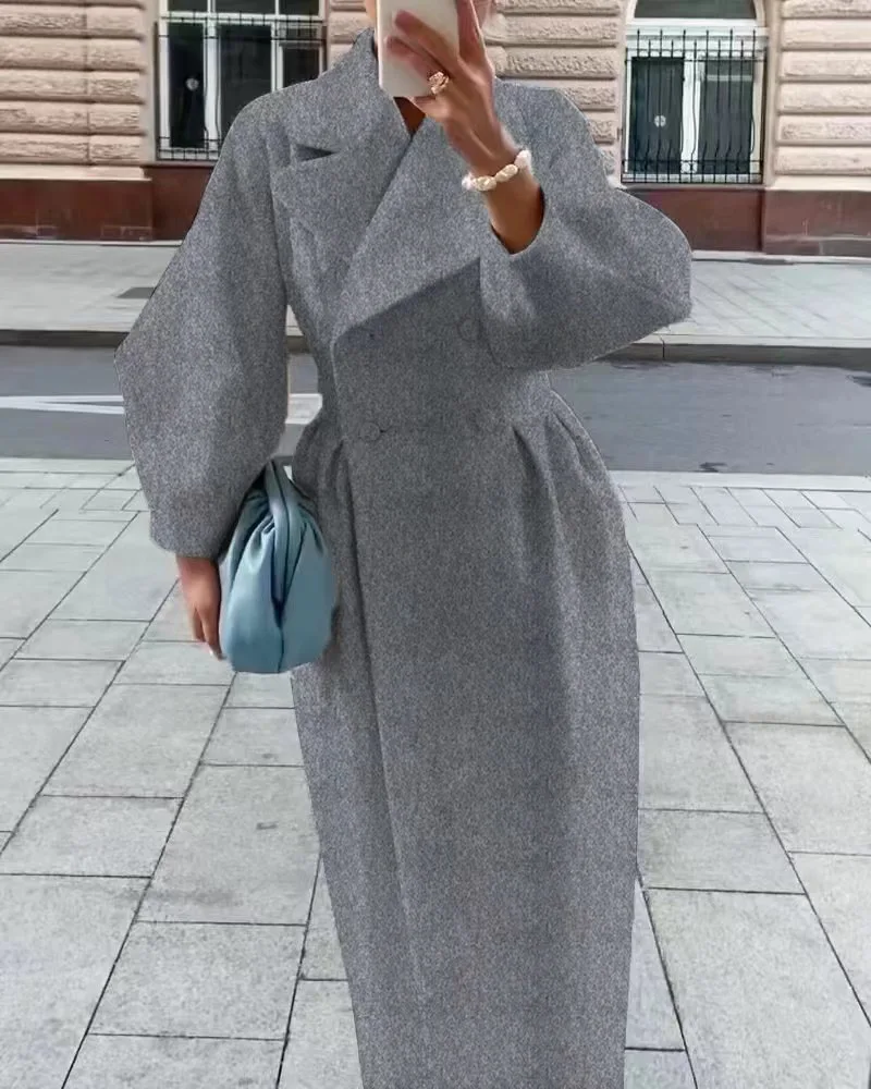 classic cashmere coat women solid color lapel double breasted wool coats autumn winter warm long outwears casual commute outcoat Autumn and Winter Coat Female New Retro Style Solid Color Lantern Sleeves Double-breasted Large Lapel Long Coat