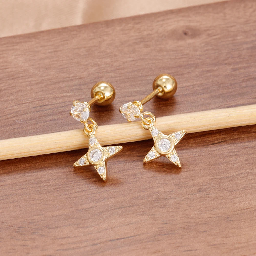 Luxury Stainless Steel Star Dangle Earrings For Women Sparkling Zircons Geometric Ear Piercing Earring Fashion Jewelry aretes