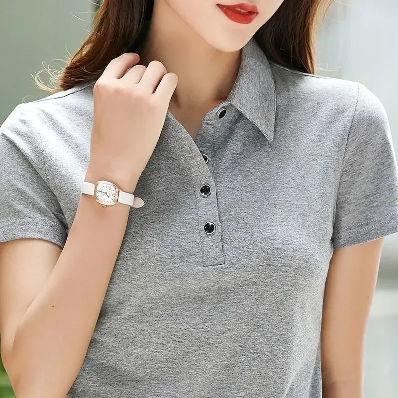 T-shirts Slim Button Women's Polo Plain White Female Tee 100
