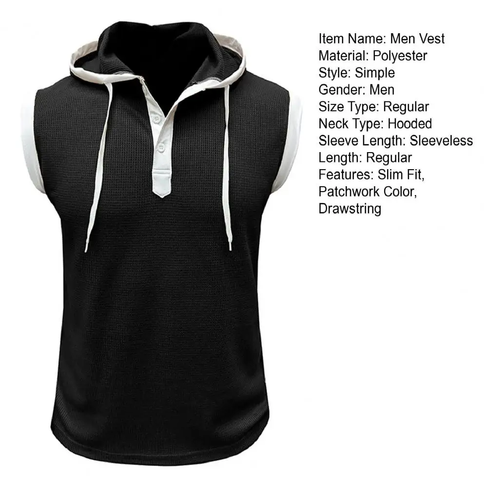 Description Picture 3 of itemMuscle Cut-off Hoodie Men's Sleeveless Hooded Muscle Vest with Adjustable Drawstring Patchwork Color Streetwear for Casual