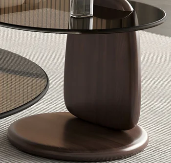 Glass Round Coffee Table Nesting Table Set of 2, Rustic Low Coffee Table Modern Center Table with Wood Base, Brown Glass Accent 5