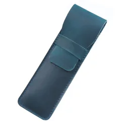 Vintage-Style Handmade Genuine Leather Pencil Bag - Cowhide Fountain Pen Case Holder (Blue-S)