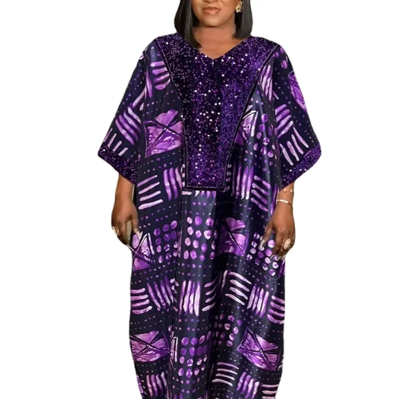 With Headtie African Dresses for Women Muslim Fashion Sequin Abayas Robe Dashiki Traditional Africa Clothes Ankara Evening Gown african dresses for women africa clothes dashiki print ankara sequin bazin traditional robe dress with headtie 2023 summer new