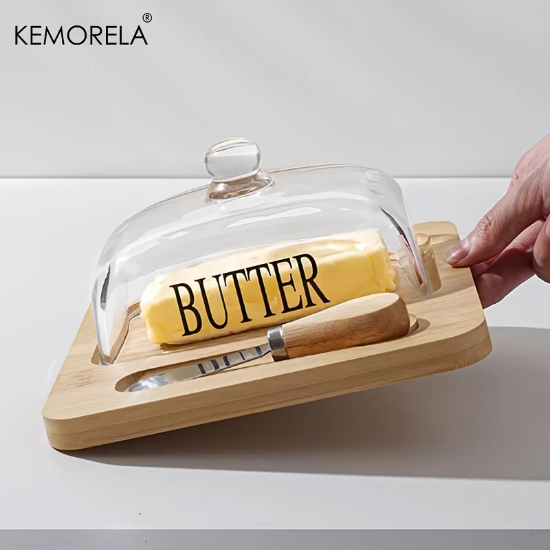 KEMORELA Wood Butter Dish Glass Lid Knife Cheese Cake Dessert Storage Plate Countertop Dish Butter Cheese Container