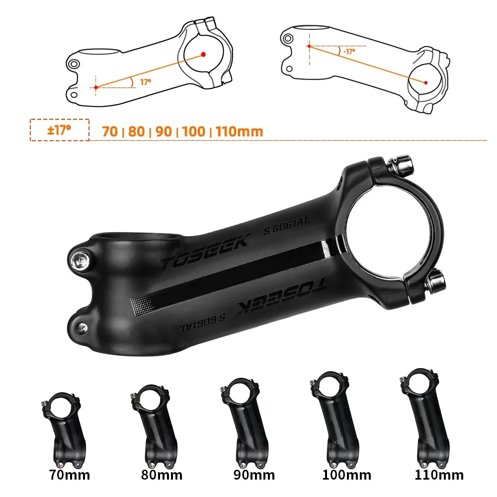 TOSEEK Ultralight Aluminum Bike Handlebar Stem 6° 7° 17° 25° Degree Mtb Stem 35mm-120mm Power Mtb 31.8mm Mountain Bicycle Stem