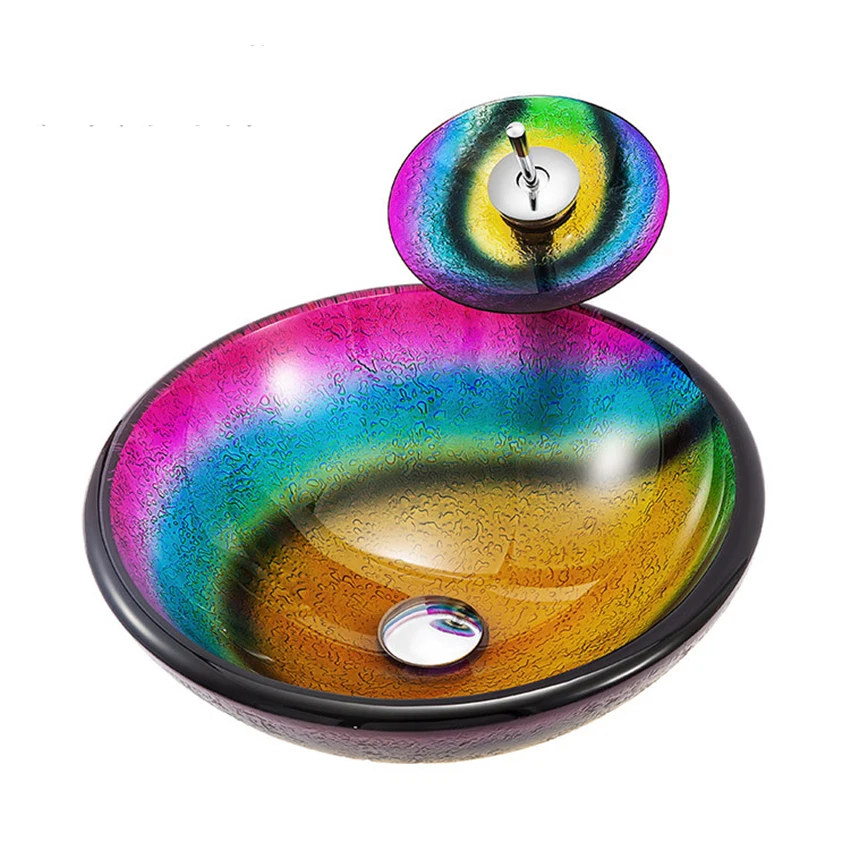 

Круглая настольная раковина из закаленного стекла в средиземноморском стиле, раковина для умывальника, столешница для ванной с художественной гравировкой, раковина с краном