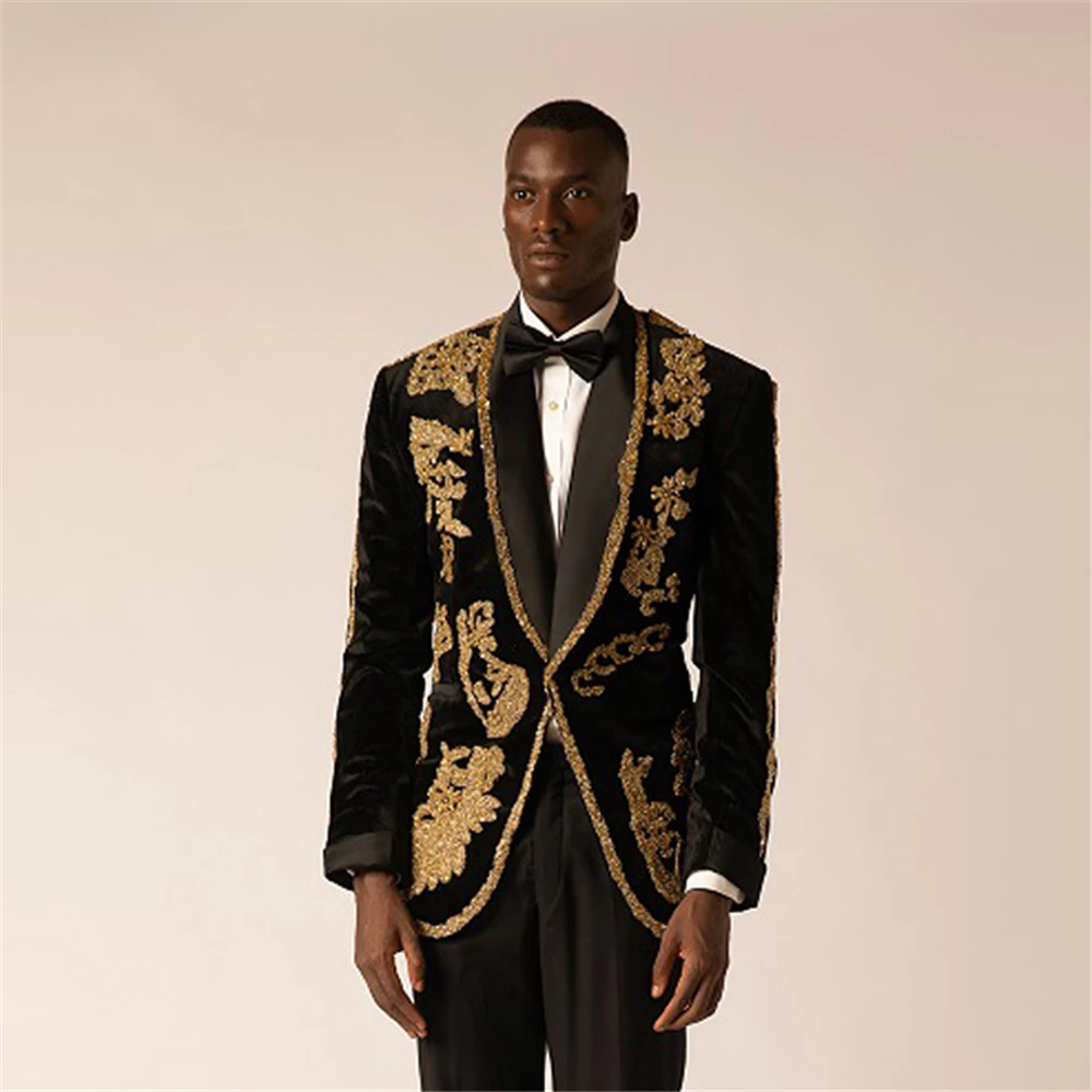 

Роскошные черные свадебные костюмы для мужчин, золотые блестящие брюки-блейзер с аппликацией и бисером, смокинг для жениха, облегающая мужская одежда из 2 предметов