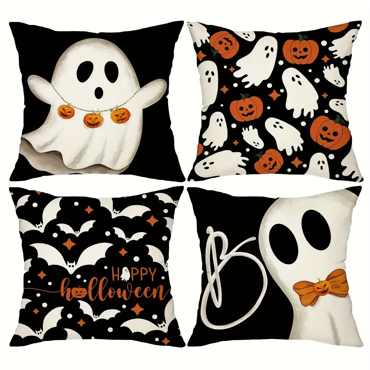 Set of 4 Halloween Throw Pillow Covers - Ghost, Pumpkin, and Bat Designs