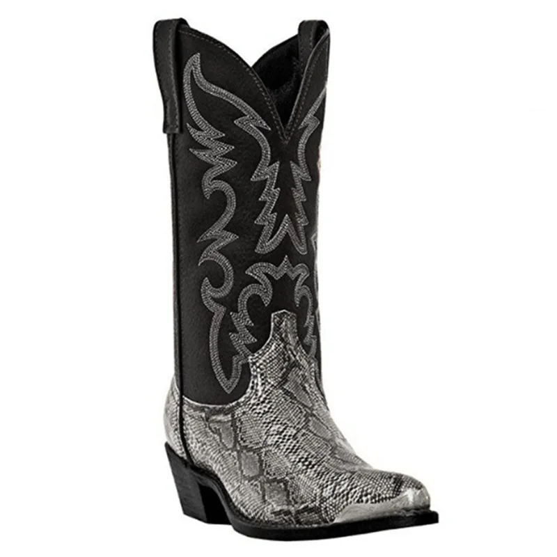 Snake Pattern Cowboy Boots Men Handmade Mid-calf Mens Boots Retro Pointed-top Western Boots Plus Size 38-48 Unisex Shoes Botas