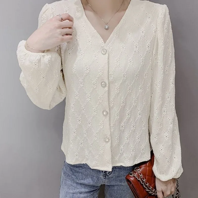 White Blouse Women Summer Autumn V-neck Embroidery Long Sleeve Shirt Cardigan Designer Clothing Tops Kawaii Student Shirts New
