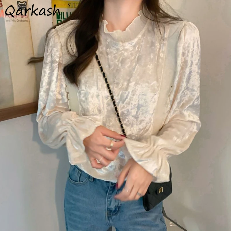 

Blouses Women Velour Lace Patchwork Flare Sleeves Casual Korean Style Autumn Streetswear Elegant Loose Ruffle All-match Shirts