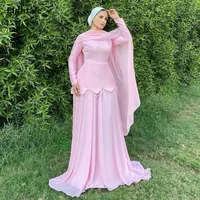 Eightale Arabic Evening Dresses Pink Long Sleeves Mermaid Satin Pearls A-Line Muslim Customized Prom Party Gowns for Wedding 1