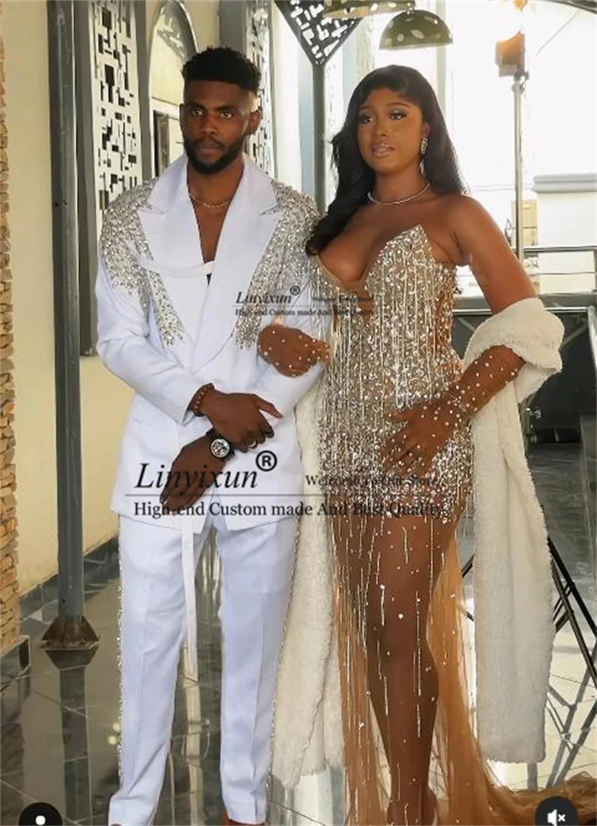 Luxury Beaded Crystal Men Suits Peaked Lapel Business Male Blazers 2 Pieces Sets Groom Wedding Tuxedos Costume Homme
