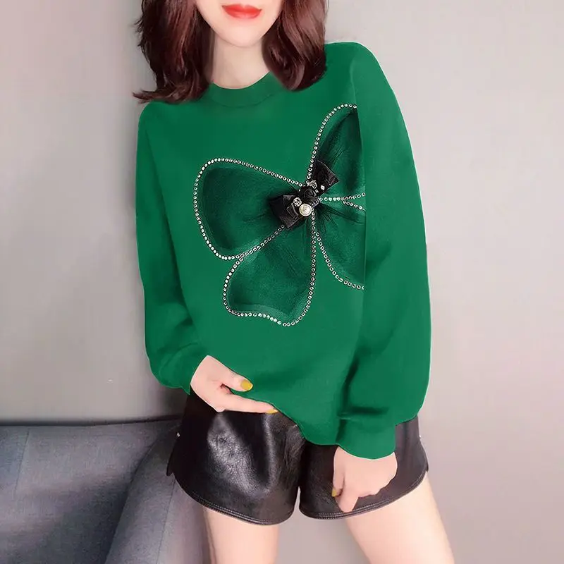 

Повседневные женские толстовки 2023, модная универсальная Повседневная Женская одежда с круглым вырезом, свободная толстовка с длинным рукавом и бантом, пуловер, женские топы