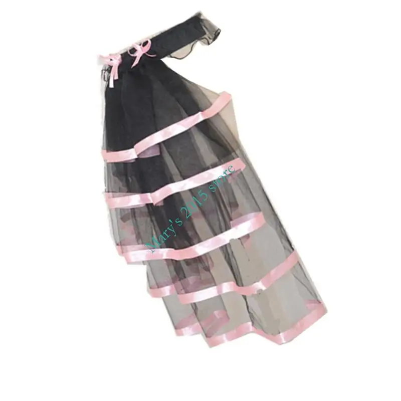 E15F Women's Elastic Waist Layered Long Tulle Skirt Ruffled Mesh Overskirt For Stage Performances Game Wear