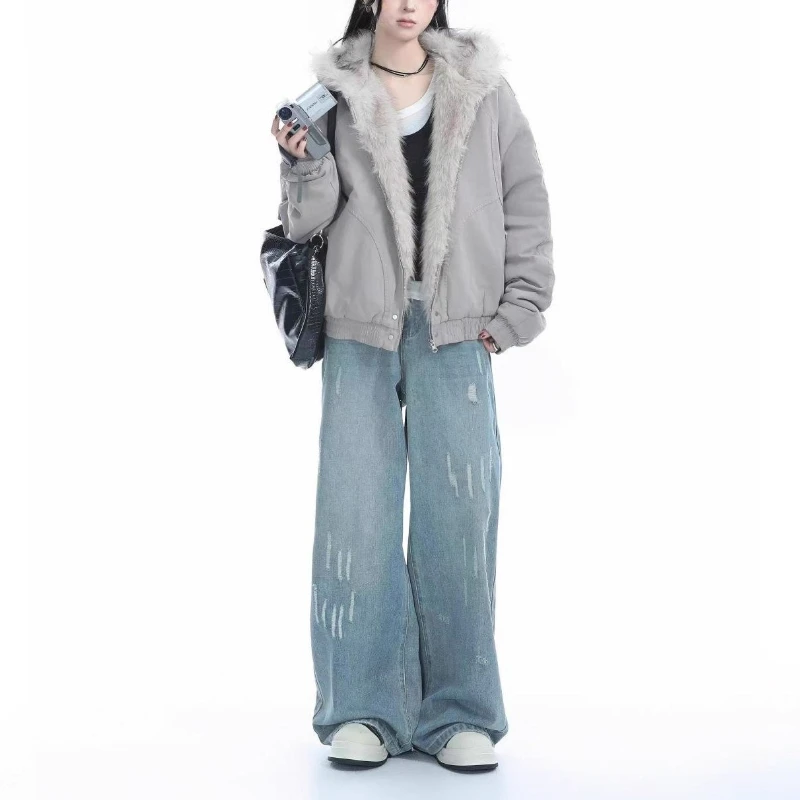 American Harajuku Warm Jacket Mens and Womens Retro Simple Plush Jacket with New Loose Leather Motorcycle Punk Fur Collar Jacket