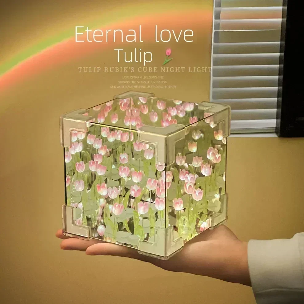Tulip Mirror Cube Lamp Simulation Flower Bedroom Sleeping DIY Table Lamp Handmade Craft Tulips Mirror Night Light Birthday Gift