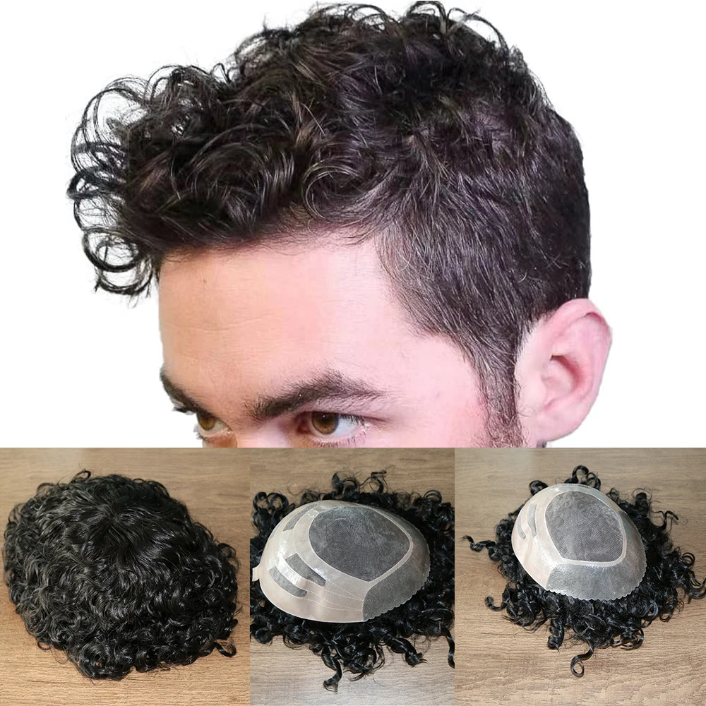 

Mono Lace Top with Durable PU Around Curly Toupee for Men 10”x8” European Virgin Human Hair Replacement Systems Men’s Hairpiece