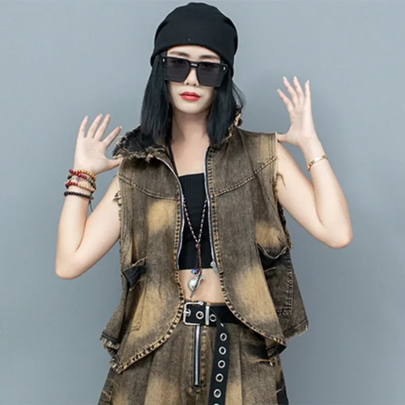 High Street Thin Sleeveless Denim Jacket Women Summer Short