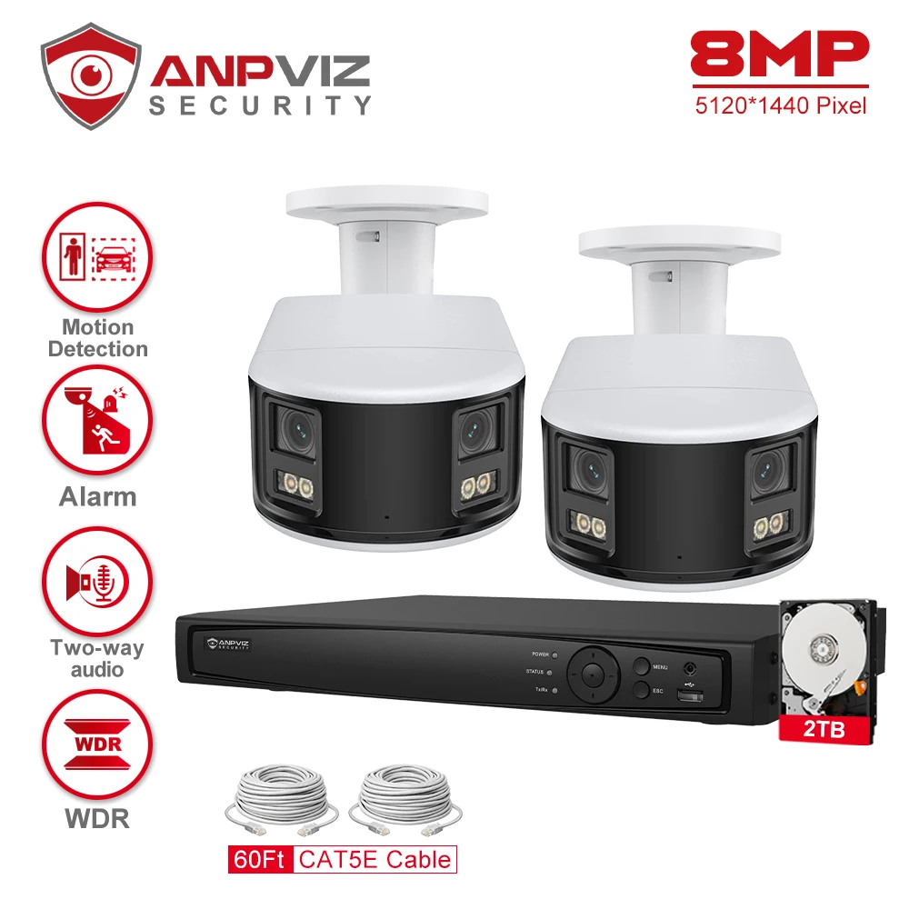 Anpviz 8CH 4K NVR 8MP Dual Lens POE Camera Ultra Wide Angel 180° Panoramic Camera Real Time System Kit AI Vehicle Detection IP67