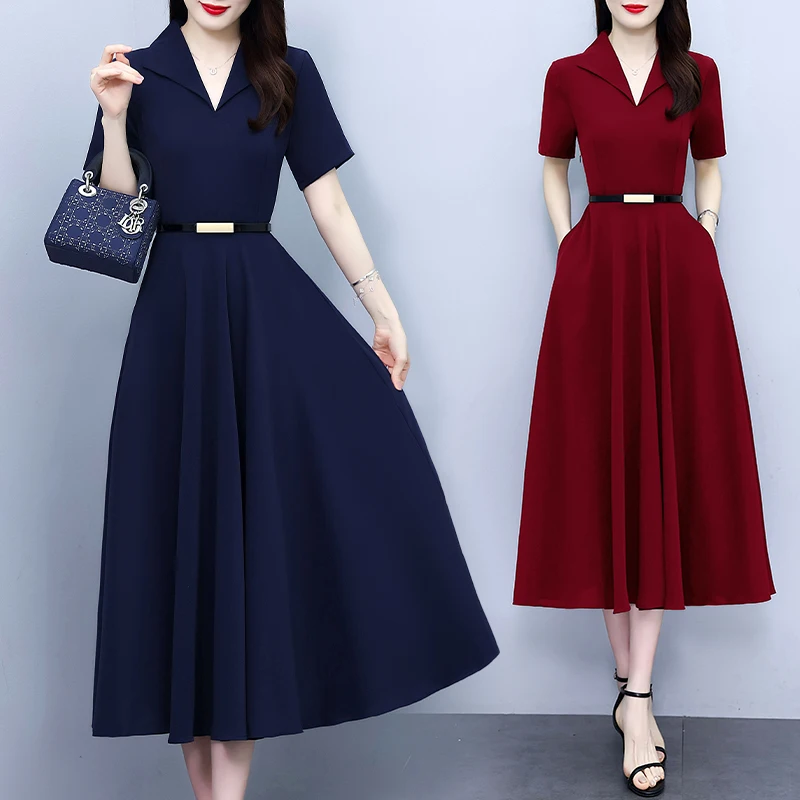 

Elegant Summer Long Dress Women Fashion Solid Color Short Sleeve Belt Pocket A-LINE Work Evening Party Dress Big Swing