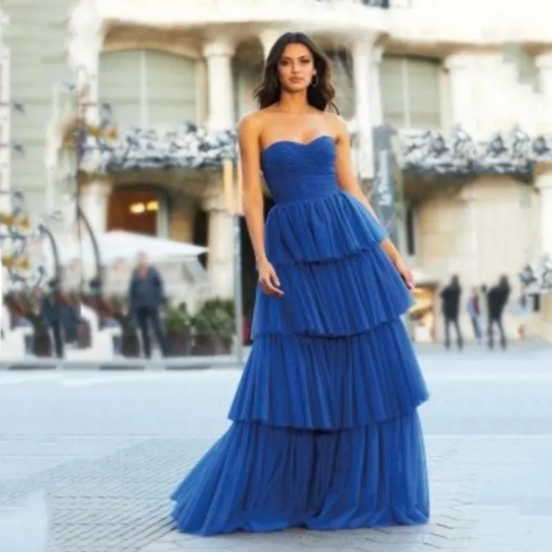 

Wakuta Luxury Lady Strapless Prom Dresses Blue Chiffion Evening Gowns Tulle Layered A-line Graduation Ceremony Vestidos De Noche