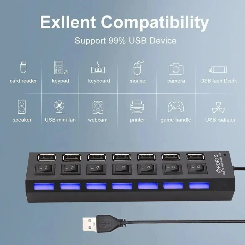 USB 허브 USB 스위치 허브 2.0 어댑터, 고속 멀티 7 포트, USB 온 오프, 컴퓨터 노트북용 휴대용 분배기