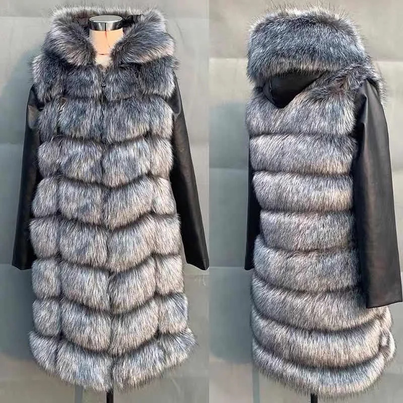 

2024-женское плотное теплое пальто из искусственного меха, куртка с капюшоном, съемная молния, длинный рукав, искусственная кожа, зима