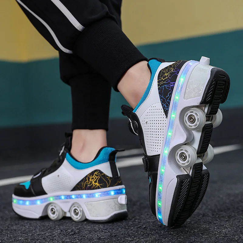 LED Light Deform Wheel Skates Roller Skate Shoes With 4-Wheel  Deformation Parkour Runaway Sneakers Children Adult Rounds Walk