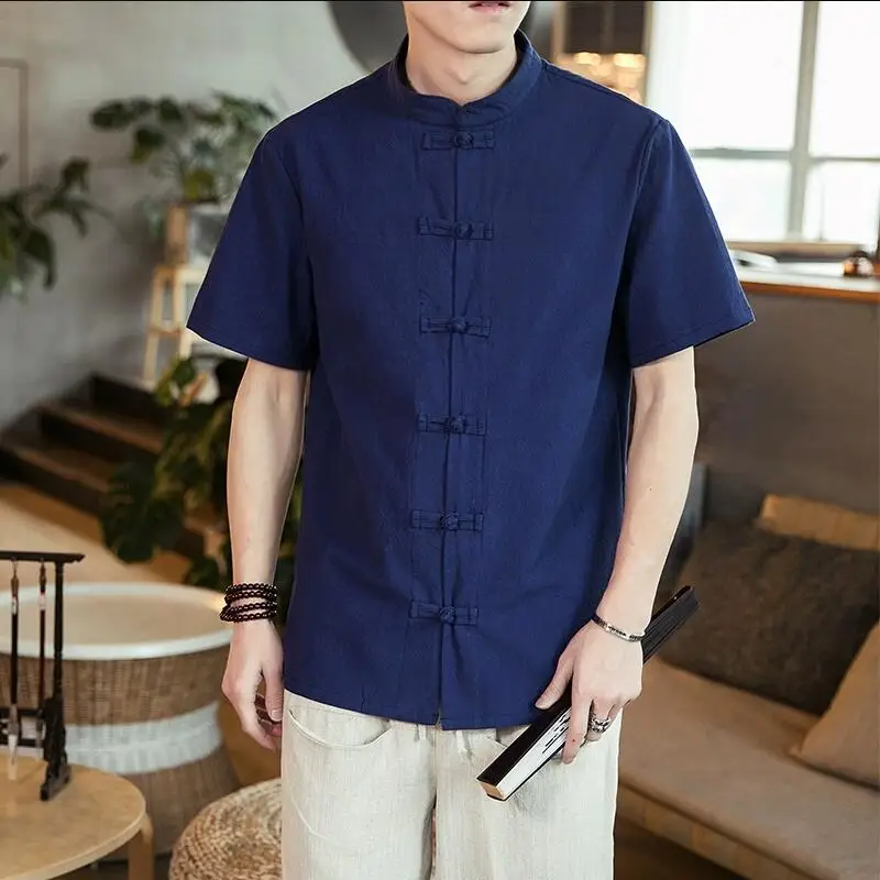 

Plus Size Linen Shirts Men Streetwear Mandarin Collar Men's Shirt with Short Sleeves Slim Fit Chinese Traditional Clothes 5XL-M