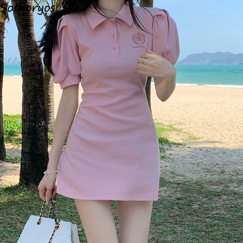 

Puff Short Sleeve Dress Women Sweet Girlish Popular Solid Mini All-match Button Ins Leisure College Summer Clothing Korean Style