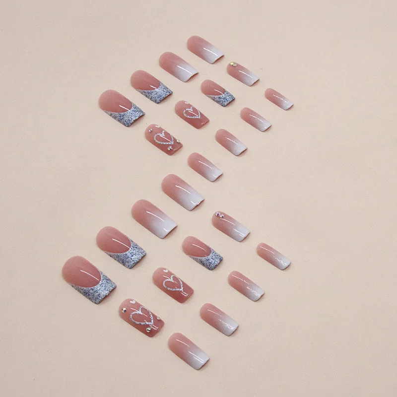 Fake Nails French Nails False Nails 24 PCs Short Gradient Love Nails 1 Jelly Gel 1 Nail File