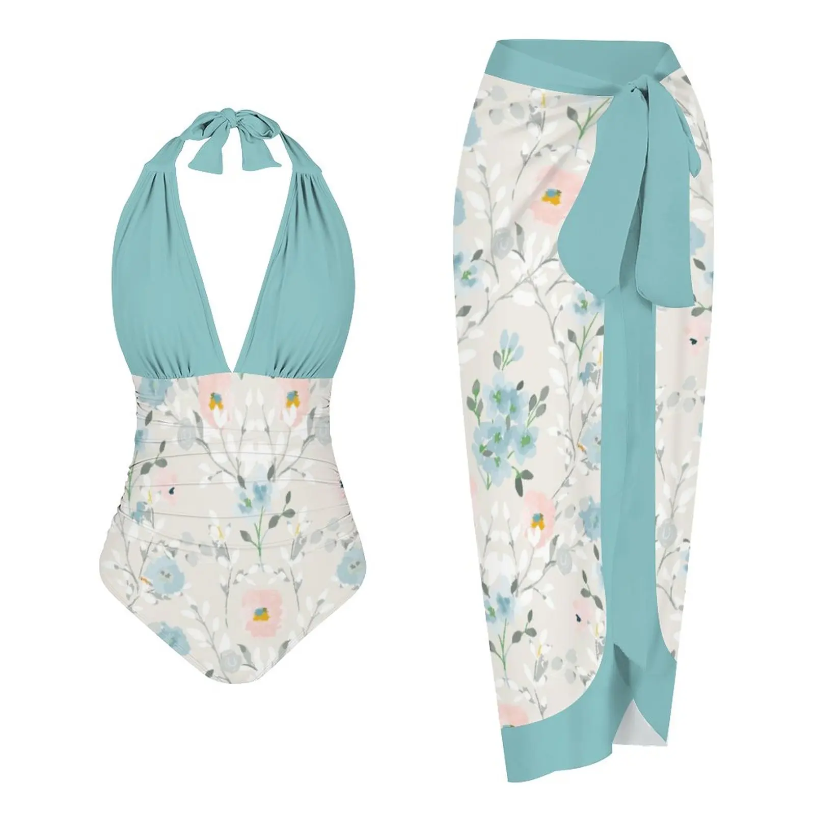 

Blue Floral Print Off-the-shoulder One Piece Bikini Fashion High Waist 2023 Swimsuit Ladies Lotus Leaf Cover Up Beach Dress