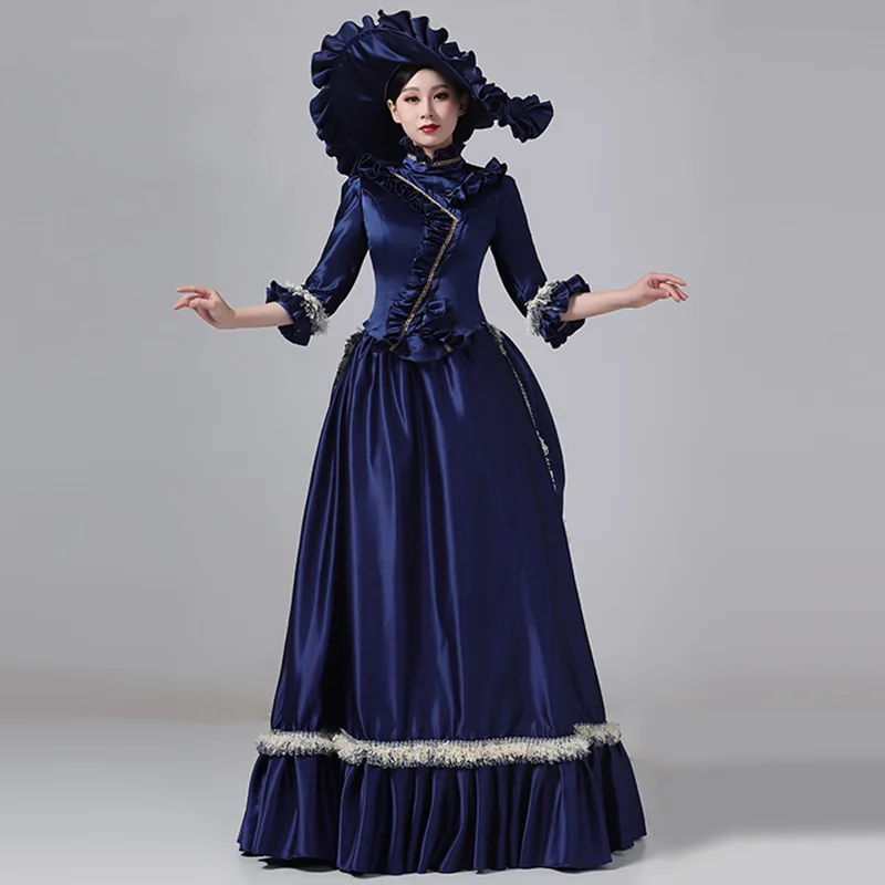 dark blue victorian dress Navy Blue Victorian Edwardian Downton Abbey Lace Overlay Ball Gown Gothic Girl Costume (Size: XL)