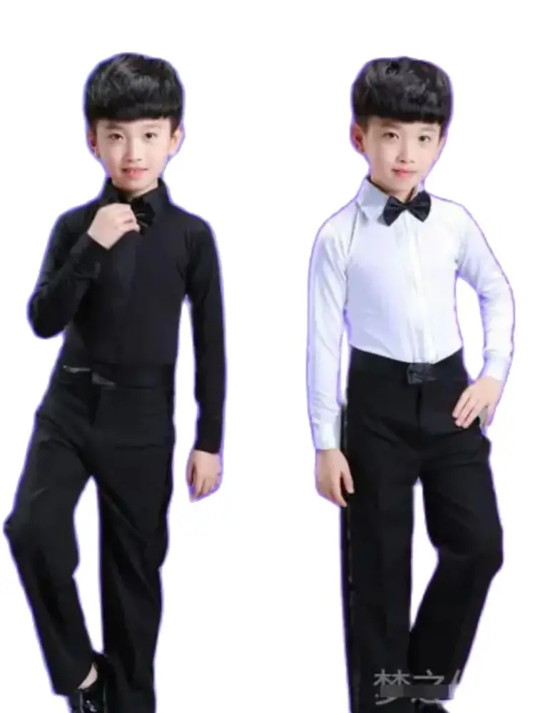 Boys Latin Dance Costume Ballroom Cha Cha Tango Stage Performance costumes Children Black White Bow top and pant 1set/lot dance dress,dance shirts,dance pants,dance bodysuit