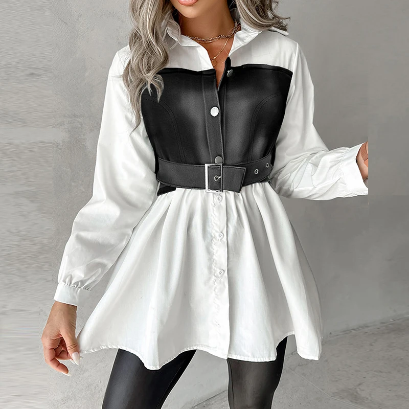 

Women Lapel Long Sleeve Shirt Tops Elegant Denim Splicing Single-breasted Commute Blouses Fashion Contrast Color Versatile Shirt