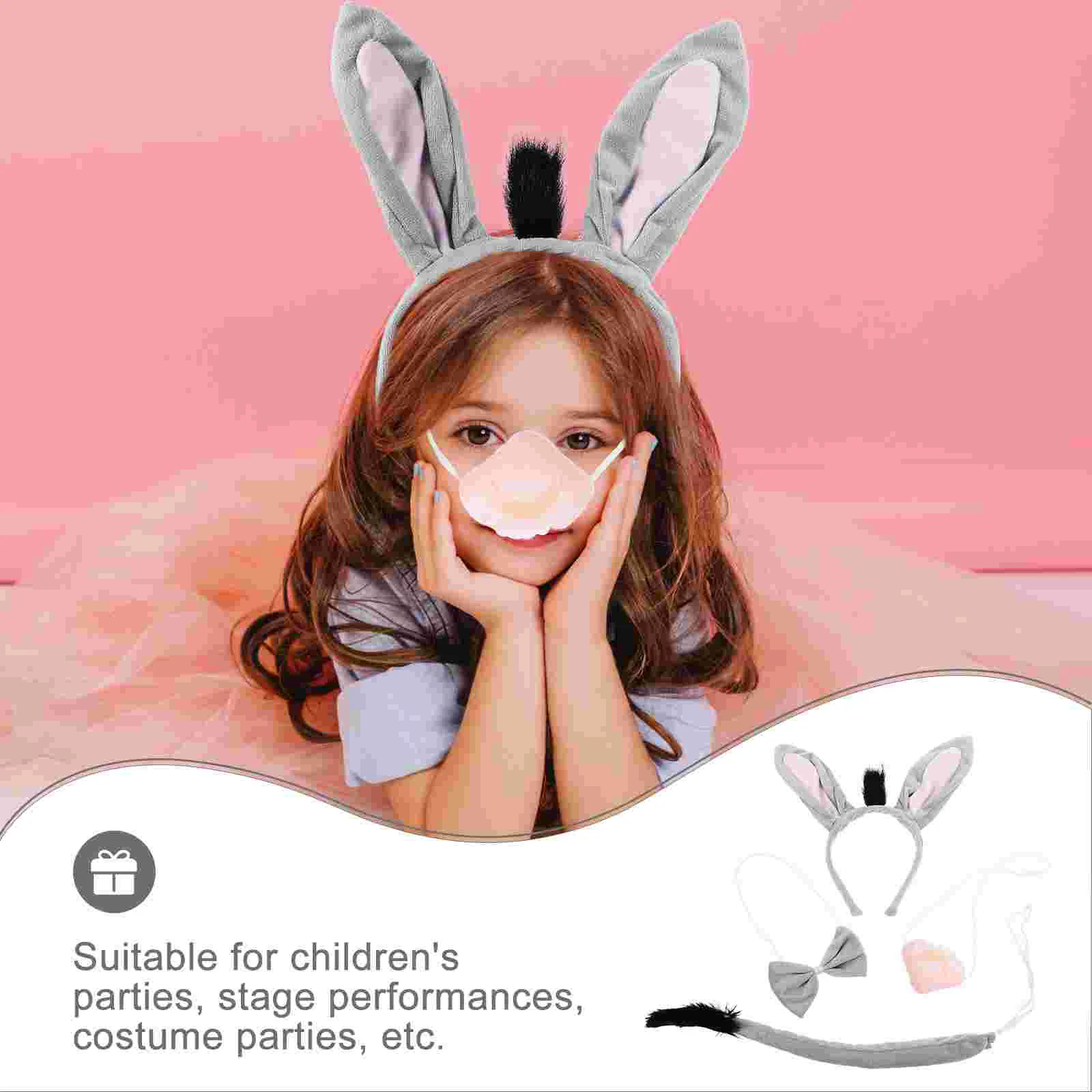 Gray Donkey Ears Headband Kids Costume Halloween Supplies Animal Hair Accessories Donkey Tail Nose Bowtie Set Children Stage