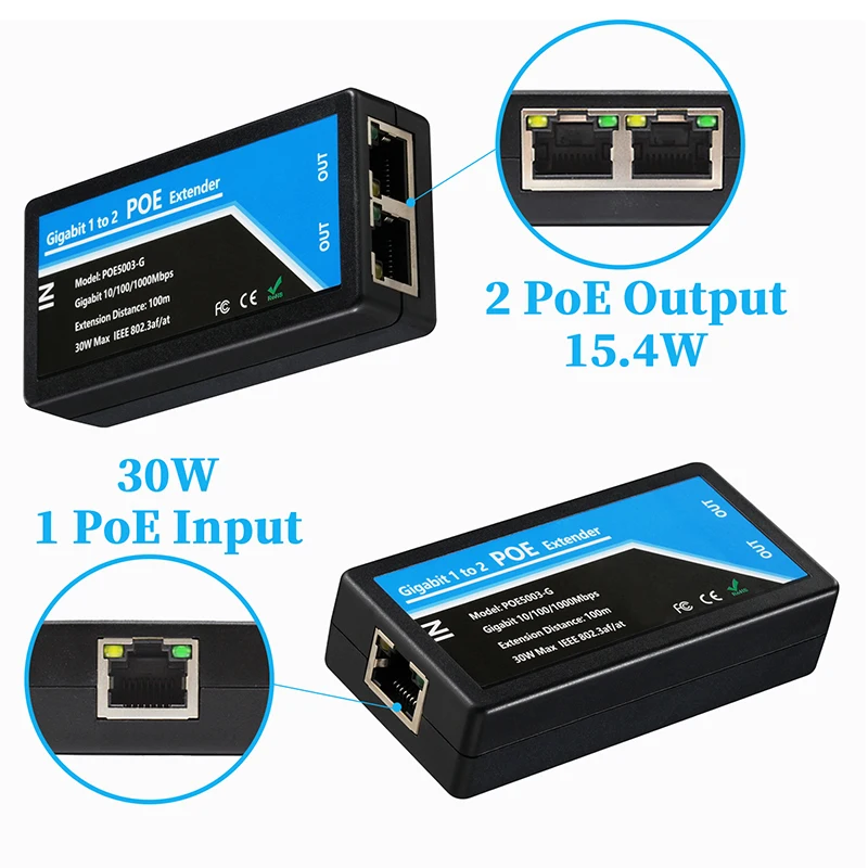 Revotech-기가비트 2 포트 POE 확장기, IEEE 802.3af/at PoE + 표준, 10/100/1000Mbps, POE 리피터 100 미터 (328 ft), 확장기