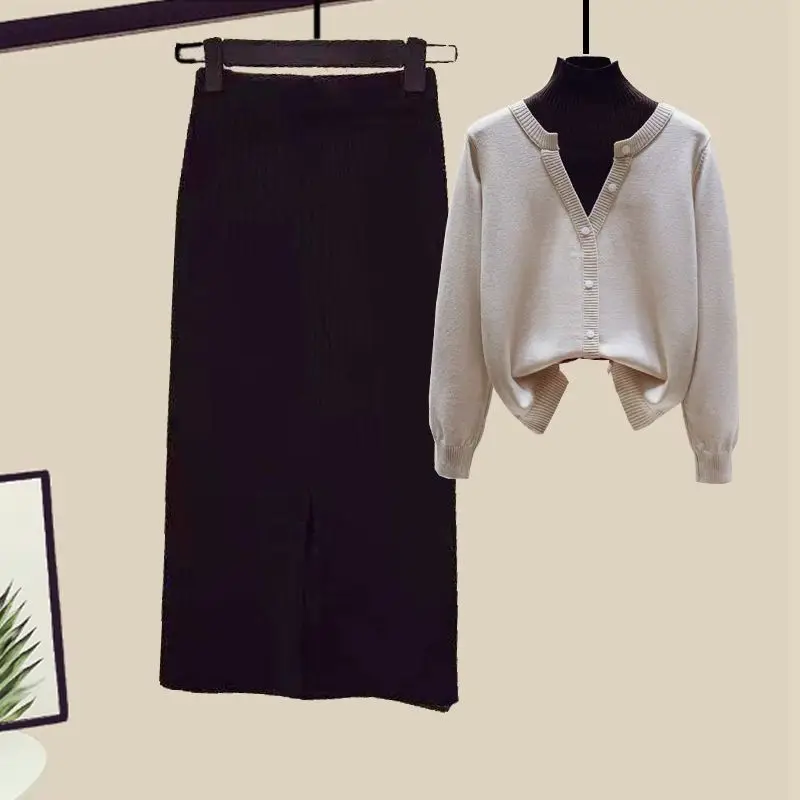 Women's Elegant Outfits Spring Autumn New Casual Long Sleeve Spliced Knitwear High Waist Slim Half Skirt Two Piece Suit