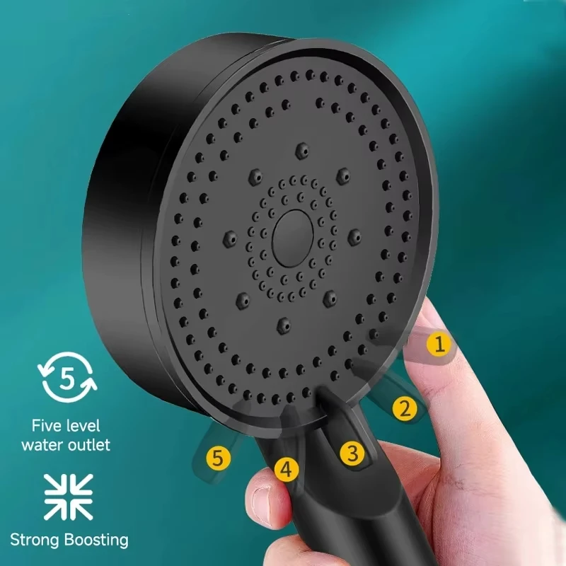 Black Booster Shower Head Adjustable High Pressure Water Massage Shower Head Home Handheld Sprayer Bathroom Supplies 5 Modes 6
