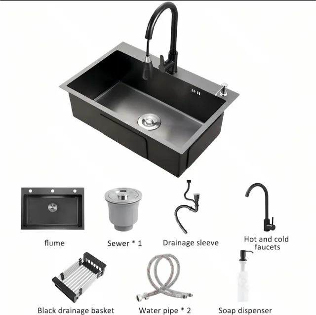 อ่างล้างจานสแตนเลส 304 สีดำ แบบหลุมเดียว พร้อมก๊อกน้ำแบบดึงออกได้ เคลือบนาโนป้องกันรอยขีดข่วน ทำความสะอาดง่าย สำหรับใช้ในครัวเรือนและเชิงพาณิชย์ 6