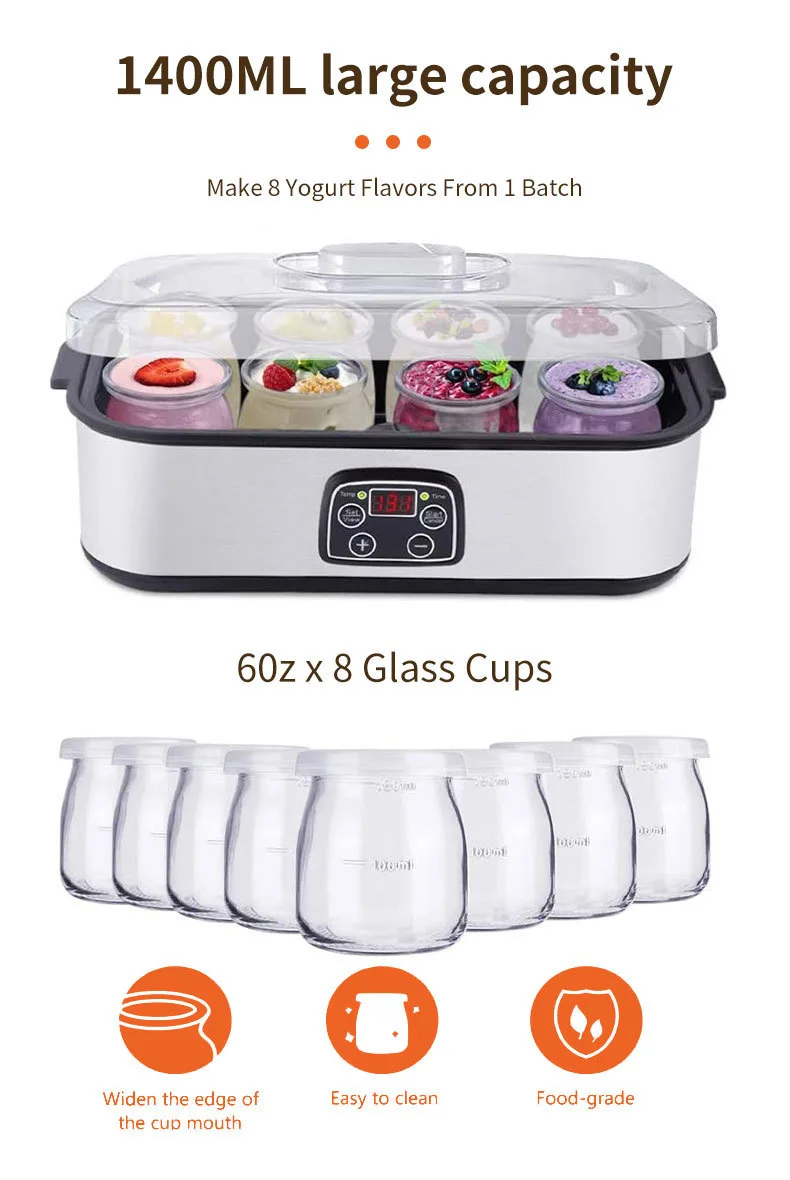 Description Picture 5 of item110V/220V Automatic Yogurt Maker Adjustable Temperature Time Yogurt Maker Professional Ice Cream Pudding Maker with 8 Yogurt Jar
