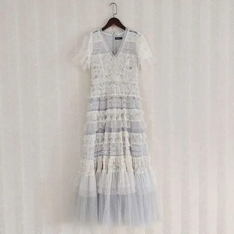 [Vibe] Fashion Women's Elegant Dress V Neck Long Sleeve Printing Spliced Ruffles High Waist Dresses 2025 Spring Clothing