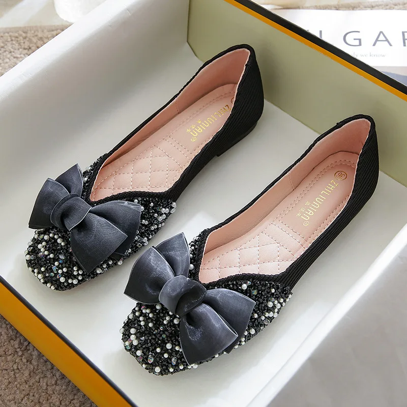 

Cute Flat Shoes for Women Comfortable Slip on Flat Shoes Bowknote Casual Square Toe Ladies Shoes Sequins Footwear Plus Size 43