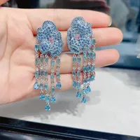 Bilincolor Luxury Elegant Blue Flower Tassel Earring for Women Christmas Gift 3