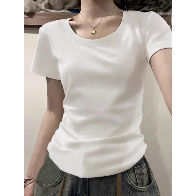 Women's Short Sleeve T-Shirt Slim Fit Base Layer Shirt Korean American Pure Desire Design Spicy Girl Top Commute Style Regula