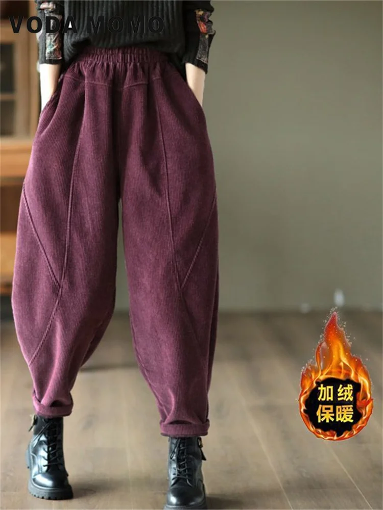 

High Waist Warm Women Pantalones Vintage Ankle-length Jogger Fashion Trousers Corduroy Baggy Autumn Winter Harem Pants Casual